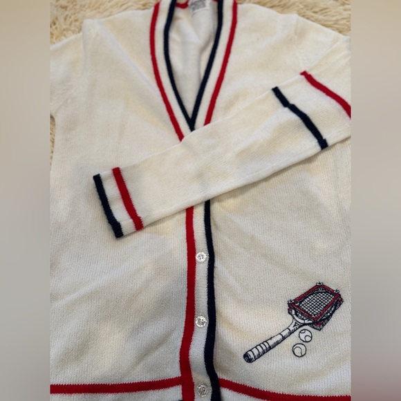 Vintage 50's/60's Red, White & Blue Preppy Tennis Racquet Cardigan Sweater - Picture 4 of 6
